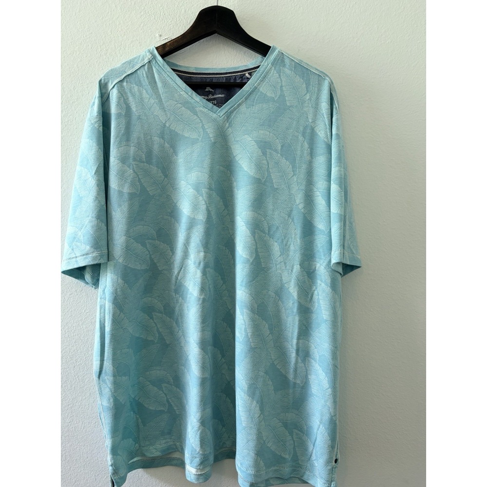 Tommy Bahama T-Shirt Mens XXL Blue Leaf Print V-Neck Short Sleeve Casual Top